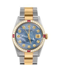 Rolex Date 34 mm Two Tone 1500-TT-BLMOP-DIA-AM-4RBY-OYS