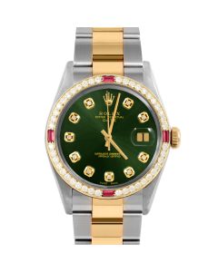 Rolex Date  mm Two Tone 1500-TT-GRN-DIA-AM-4RBY-OYS